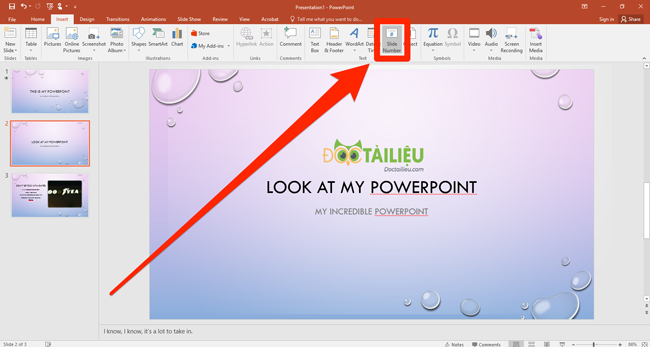 Trong Powerpoint muon danh so cho tung Slide, ta dung lenh nao