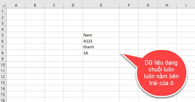 Khi nhập dữ liệu vào bảng tính Excel thì dữ liệu kiểu ký tự sẽ mặc định