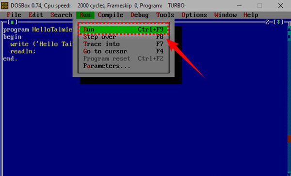 Trong Turbo Pascal, để chạy chương trình ta nhấn tổ hợp phím Ctrl + F9