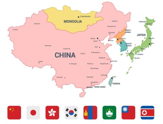 Khu vực Đông Bắc Á bao gồm các quốc gia nào?