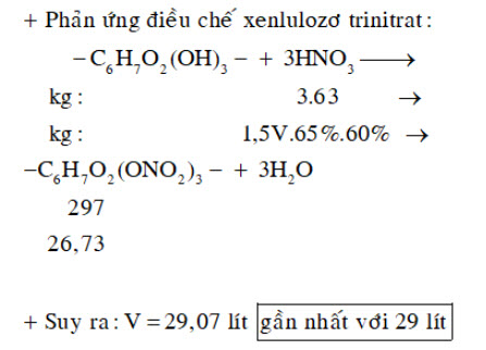 Để điều chế 26,73 kg xenlulozơ trinitrat (hiệu suất 60%) cần dùng ít nhất V lít