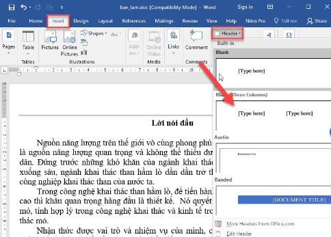 Trong soạn thảo Word, để chèn tiêu đề trang (đầu trang và chân trang), ta thực hiện: