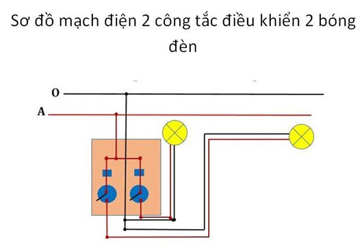 Mạch điện cầu thang 2 công tắc 2 bóng đèn