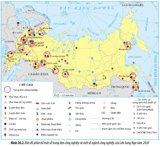 Bản đồ phân bố một số trung tâm công nghiệp và một số ngành công nghiệp của Liên bang Nga