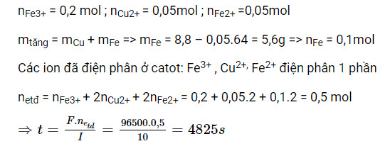 Điện phân 500 ml dung dịch hỗn họp FeSO4 0,1M, Fe2(SO4)3 0,2M